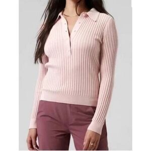 Athleta Ribbed Henley Sweater Size Small Pink 1/2 Button Collard